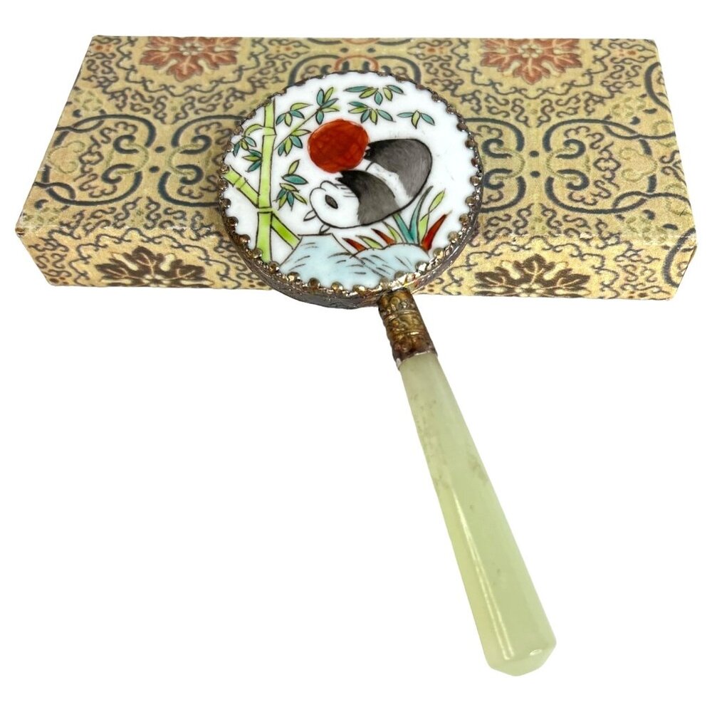 Vintage Handheld Mirror With Hand Painted Panda Design Jade Handle Ornate‎ Trim